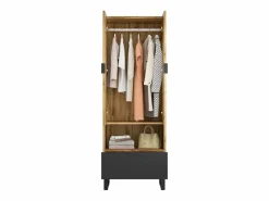 Sale Armario de recibidor con cajón, estantes regulables y perchero, tablero de partículas de madera, color natural y negro (180x38x65 cm) Marru00f3n