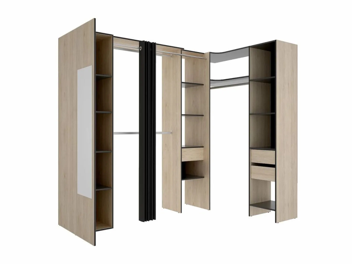 Discount Vente-unique Armario esquinero con 1 puerta, cortina y espejo, 231 cm de ancho, natural y antracita - BETRAND Gris antracita / Color natural claro