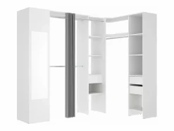 Outlet Vente-unique Armario esquinero con 1 puerta, cortina y espejo, 231 cm de ancho, y gris - BETRAND Blanco