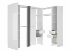 Outlet Vente-unique Armario esquinero con 1 puerta, cortina y espejo, 231 cm de ancho, y gris - BETRAND Blanco