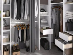 Outlet Vente-unique Armario esquinero con 1 puerta, cortina y espejo, 231 cm de ancho, y gris - BETRAND Blanco