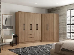 Outlet Vente-unique Armario esquinero de 8 puertas y 2 cajones L263 cm color natural - FEOVA Color natural claro