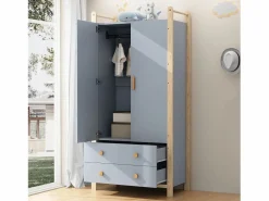 Online Merax Armario infantil - 90 x 45 x 180 cm - con 2 puertas + barra + 2 cajones - aglomerado - Azul