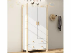 Merax Armario infantil - 90 x 45 x 180 cm - con 2 puertas + barra + 2 cajones - aglomerado -
