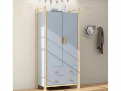 Sale ModernLuxe Armario infantil 89.6x44x180.5 cm - 2 cajones y 2 puertas - 1 barra para colgar ropa - estructura de pino - + natural Azul