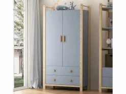 Sale ModernLuxe Armario infantil 89.6x44x180.5 cm - 2 cajones y 2 puertas - 1 barra para colgar ropa - estructura de pino - + natural Azul