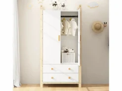 ModernLuxe Armario infantil 89.6x44x180.5 cm - 2 cajones y 2 puertas - 1 barra para colgar ropa - estructura de pino - + natural