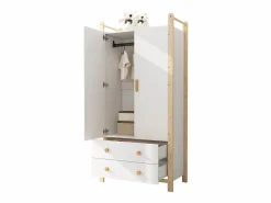 ModernLuxe Armario infantil 89.6x44x180.5 cm - 2 cajones y 2 puertas - 1 barra para colgar ropa - estructura de pino - + natural