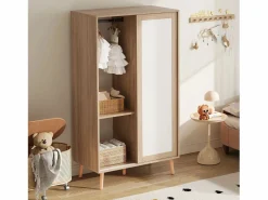 Outlet Armario infantil 80x46x141.5 cm - con barra para colgar ropa - 2 puertas correderas - patas de madera maciza - natural Muebles Niño