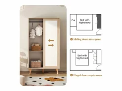 Outlet Armario infantil 80x46x141.5 cm - con barra para colgar ropa - 2 puertas correderas - patas de madera maciza - natural Muebles Niño