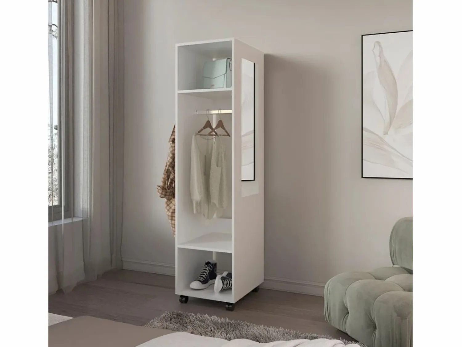 New TuHome Armario Kronospan en melamina , tres estantes , barra para colgar ropa y espejo incluido , , 160 cm X 40 cm X 48 cm Blanco