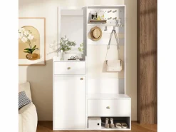 Best Merax Armario moderno - 105 x 38 x 180 cm - con espejo + ganchos ajustables + 1 puerta + 2 cajones + banco - aglomerado - Blanco