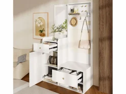 Best Merax Armario moderno - 105 x 38 x 180 cm - con espejo + ganchos ajustables + 1 puerta + 2 cajones + banco - aglomerado - Blanco