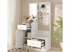 Best Merax Armario moderno - 105 x 38 x 180 cm - con espejo + ganchos ajustables + 1 puerta + 2 cajones + banco - aglomerado - Blanco