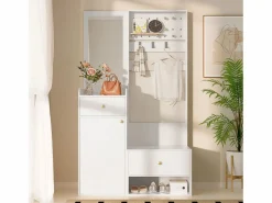 Best Merax Armario moderno - 105 x 38 x 180 cm - con espejo + ganchos ajustables + 1 puerta + 2 cajones + banco - aglomerado - Blanco