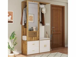 Armario multifunción con espejo, zapatero, banco de almacenaje y perchero extensible, y Madera (100x38x180 cm)