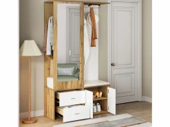 Armario multifunción con espejo, zapatero, banco de almacenaje y perchero extensible, y Madera (100x38x180 cm)