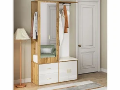 Armario multifunción con espejo, zapatero, banco de almacenaje y perchero extensible, y Madera (100x38x180 cm)
