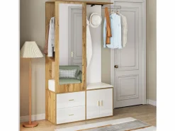 Armario multifunción con espejo, zapatero, banco de almacenaje y perchero extensible, y Madera (100x38x180 cm)