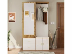 Armario multifunción con espejo, zapatero, banco de almacenaje y perchero extensible, y Madera (100x38x180 cm)