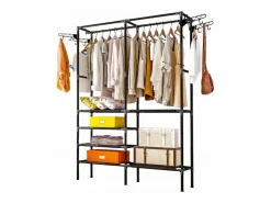 Hconfortxl Armario móvil 173x36x108 cm con 6 estantes, barra para colgar y 8 perchas laterales – ahorro de espacio