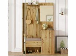New Armario natural con 2 puertas, espejo, paragüero y banco zapatero, multifuncional 115 x 37 x 185 Armario De Entrada
