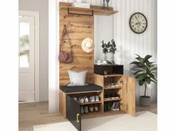 Hauss Spole Armario negro y madera con espejo, 2 puertas, banqueta y 4 ganchos 105x40x191,5cm