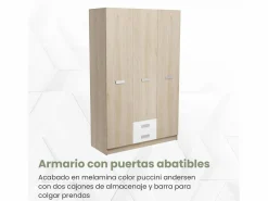Armario Puccini -Andersen, 3 Puertas, Altillo y 2 Cajones, Perfecto para Dormitorios Matrimoniales e Infantiles, Madera, 130x207,6x50 cm.