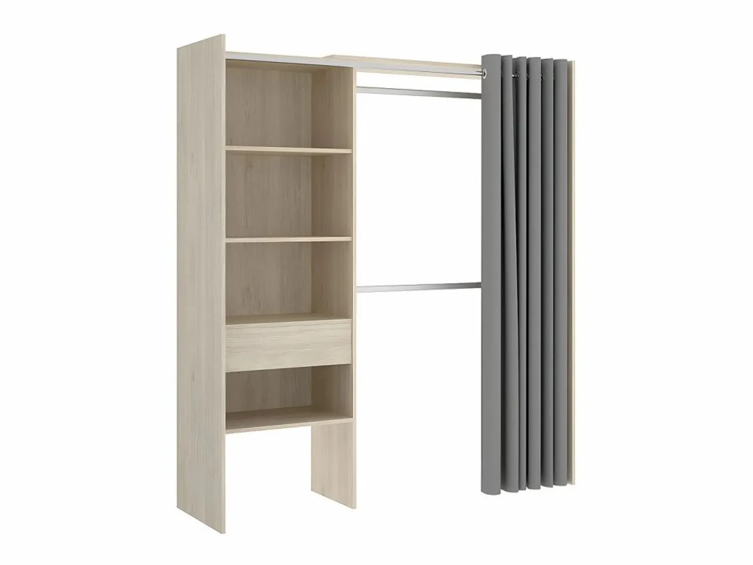 Clearance Vente-unique Armario ropero extensible (110 / 160 cm) con cortina y cajón. Color roble. LAURENT Color natural claro