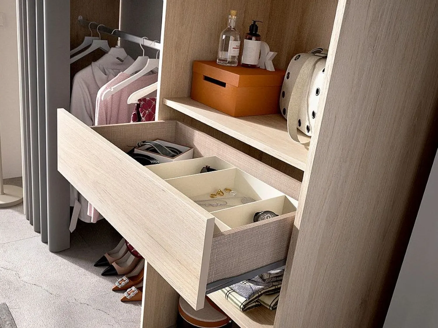 Clearance Vente-unique Armario ropero extensible (110 / 160 cm) con cortina y cajón. Color roble. LAURENT Color natural claro
