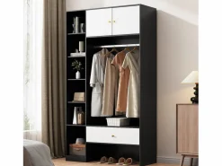 Armario 105x40x185 cm - con 1 cajón y 2 puertas - con barra para colgar ropa y compartimentos de almacenamiento abiertos - Blanco + Negro Armario