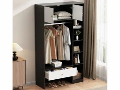 Armario 105x40x185 cm - con 1 cajón y 2 puertas - con barra para colgar ropa y compartimentos de almacenamiento abiertos - Blanco + Negro Armario