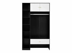 Armario 105x40x185 cm - con 1 cajón y 2 puertas - con barra para colgar ropa y compartimentos de almacenamiento abiertos - Blanco + Negro Armario