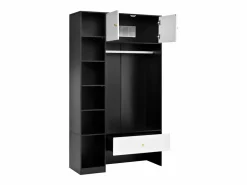 Armario 105x40x185 cm - con 1 cajón y 2 puertas - con barra para colgar ropa y compartimentos de almacenamiento abiertos - Blanco + Negro Armario