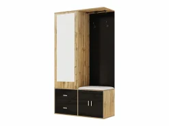 ModernLuxe Armario 100x38x108.1 cm - Con espejo - Con zapatero - Con ganchos y perchas retráctiles - Negro + Natural