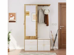 Sale ModernLuxe Armario 100x38x108.1 cm - Con espejo - Con zapatero - Con ganchos y perchas retráctiles - Blanco + Natural Color natural claro / Blanco