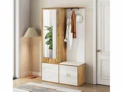 Sale ModernLuxe Armario 100x38x108.1 cm - Con espejo - Con zapatero - Con ganchos y perchas retráctiles - Blanco + Natural Color natural claro / Blanco
