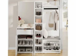 New Armario/perchero - 150 x 36 x 180 cm - con banco zapatero + mueble de almacenaje + espejo + cajones - aglomerado - Armario De Entrada