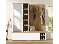 Discount Merax Armario/perchero - 160 x 38 x 180 cm - con mueble y banco zapatero + barra para colgar + 4 ganchos + espejo + puertas - aglomerado - Blanco