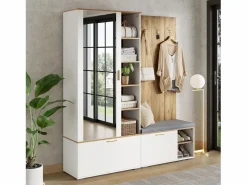 Discount Merax Armario/perchero - 160 x 38 x 180 cm - con mueble y banco zapatero + barra para colgar + 4 ganchos + espejo + puertas - aglomerado - Blanco