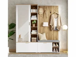 Discount Merax Armario/perchero - 160 x 38 x 180 cm - con mueble y banco zapatero + barra para colgar + 4 ganchos + espejo + puertas - aglomerado - Blanco
