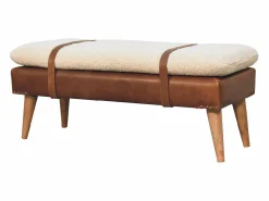 Hot Artisan Furniture Banco de madera maciza de cuero de búfalo rizado. Marru00f3n