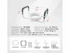 Asiento de Inodoro Elevado SucceBuy, 88,9 mm de Altura, Capacidad 136 kg, Barandillas de Aluminio,