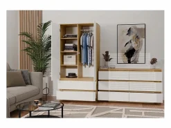 Clearance TOPESHOP ASTER – Cómoda ancha para dormitorio, salón o oficina – 6 cajones – 138x40x75 cm – Artesanal y blanco Marru00f3n / Blanco