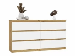 Clearance TOPESHOP ASTER – Cómoda ancha para dormitorio, salón o oficina – 6 cajones – 138x40x75 cm – Artesanal y blanco Marru00f3n / Blanco