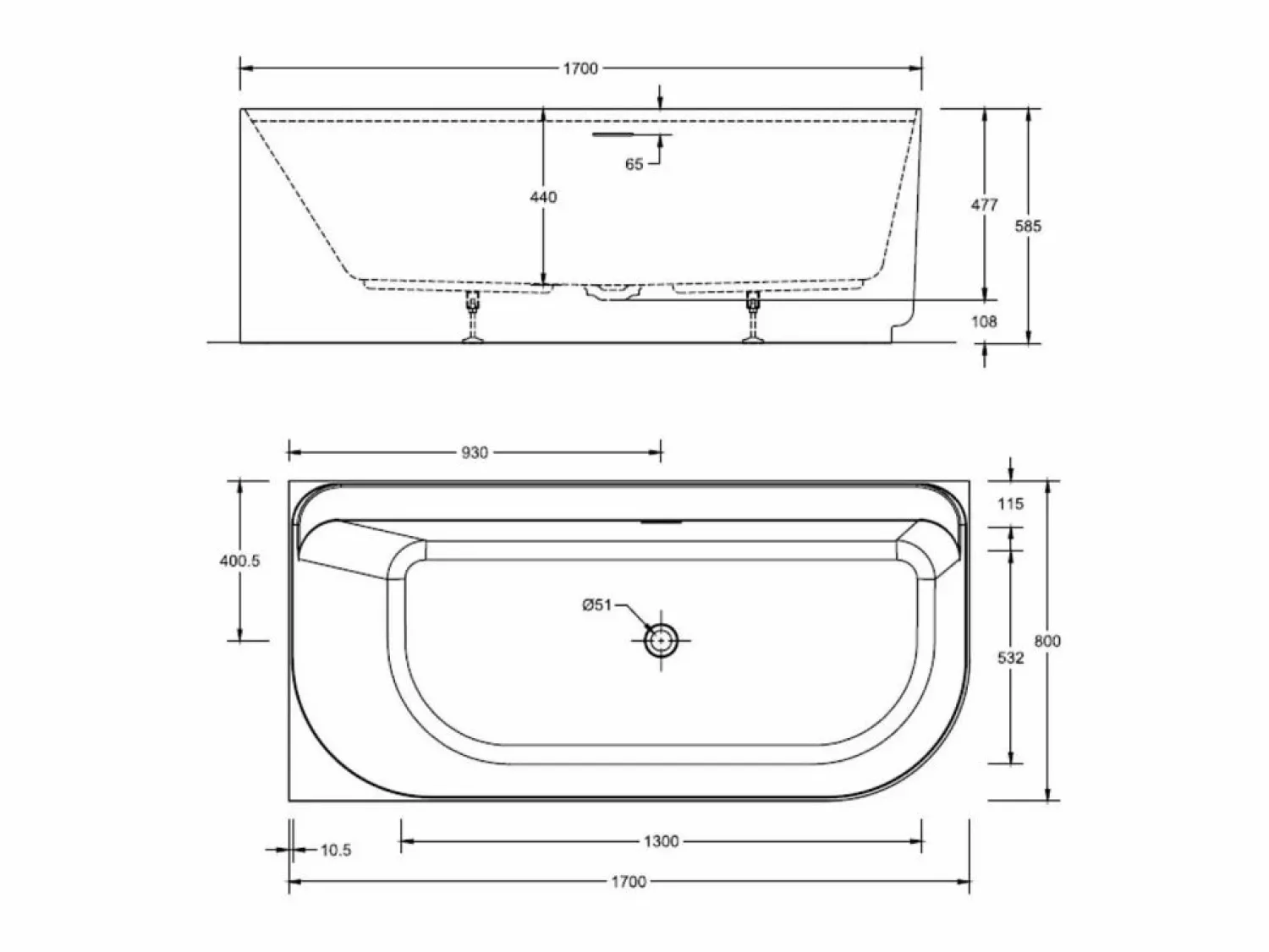 Outlet Bañera acrílica semi-exenta blanca de 170 cm - Ángulo recto EQUINOXE Blanco