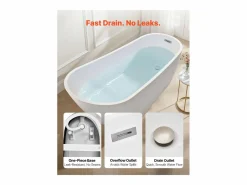 Bañera Autoportante SucceBuy en Acrílico, Bañera Isla Moderna y Elegante, 170x74 cm, Gran Capacidad 215 L, con Rebosadero y Desagüe en Níquel Cepillado