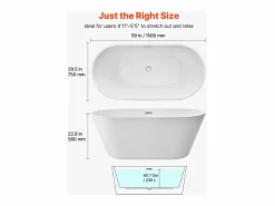 Bañera Autoportante SucceBuy en Acrílico, Bañera Isla Moderna y Elegante, 150x75 cm, Gran Capacidad 230 L, con Rebosadero y Desagüe en Níquel Cepillado Blanco