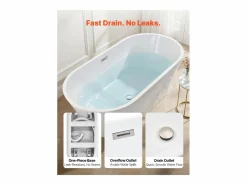 Bañera Autoportante SucceBuy en Acrílico, Bañera Isla Moderna y Elegante, 150x75 cm, Gran Capacidad 230 L, con Rebosadero y Desagüe en Níquel Cepillado Blanco