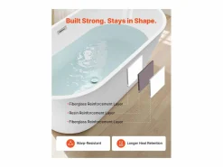 Bañera Autoportante SucceBuy en Acrílico, Bañera Isla Moderna y Elegante, 150x75 cm, Gran Capacidad 230 L, con Rebosadero y Desagüe en Níquel Cepillado Blanco
